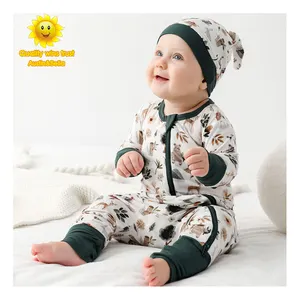 Custom Design All Over Printed Boutique High Quality Custom Infant Bamboo Baby Zipper Jumpsuit Newborn Clothes 0-3 Months 6993