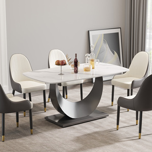 Voxhome tavolo da pranzo di lusso moderno con Base in acciaio inox a forma di luna e pannello in marmo per mobili per la casa - Product Image 1