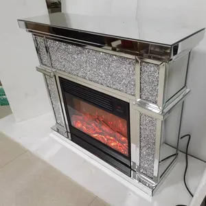 2022 advanced mirrored furniture led electric fireplace with heater multicolor flames speaker display with diamonds