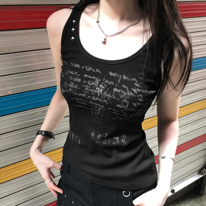 Top sin mangas de punto con cuello redondo y estampado de letras para mujer, chaleco informal de moda urbana - Product Image 4
