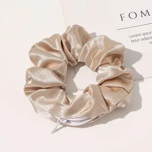 Coreano moda personalizado impressão elástico cabelo banda mulheres elegante seda zipper scrunchies com bolso X06