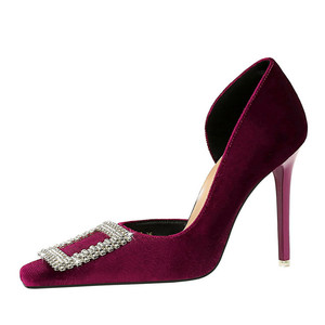 Women Square Diamonds <b>Decor</b> on <b>Shoes</b> High Heels Sandals Dress Office Ladies Suede Side Cut Out Pumps - Product Image 1
