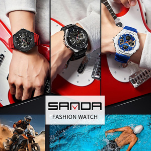 SANDA 6298 นาฬิกาข้อมืออิเล็กทรอนิกส์สำหรับผู้ชายทันสมัยเท่ห์ๆ แบบมัลติฟังก์ชั่นสี่หน้าต่าง หลายเขตเวลา เรืองแสง กันน้ำ - Product Image 6