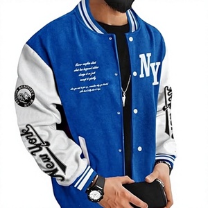 Veste universitaire bleue et blanche pour homme, broderie avec inscription NY, style preppy, coupe classique, col rabattu, matière polyester - Product Image 1