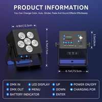 Projecteur PAR portable sans fil à batterie 6 LED certifié VLTG CE UKCA RoHS RGBWA+UV 6-en-1 DMX512 avec télécommande IR pour éclairage de scène