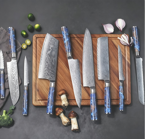 Ensemble de couteaux de cuisine à motif Damas, manche en résine bleue de luxe, couteaux de cuisine, cadeau pour les cuisiniers et les chefs à domicile - Product Image 1