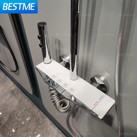 Ensemble de douche de salle de bain en laiton massif 4 fonctions avec douchette à main, commande à touches piano, étagère pratique et jets de massage, incluant des pommes de douche effet pluie