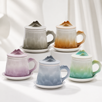 Ensemble de tasses à thé en céramique avec infuseur intégré, design montagne, glaçure dégradée, tasse à thé avec couvercle et soucoupe pour la maison, le bureau ou comme cadeau
