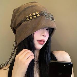 American Retro Style Tie-Dye Pullover Cold Cap pour les femmes Maillard Tassel Big Head Cirference Showy Face Small Heap Beanies - Product Image 2