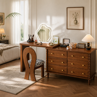Ensemble de coiffeuse vintage français en bois massif avec miroir LED ondulé, commode à 6 tiroirs et chaise sculpturale