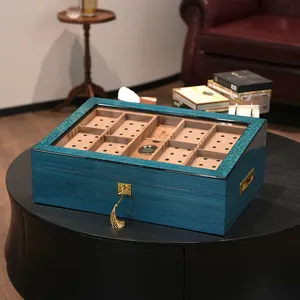 High Quality Cedar Wooden Cigar Box Classic Design Visual Top Window Smoking Cigar Accessories Luxury Lacquer Blue Cigar Humidor