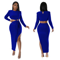 2024 vente en gros automne femmes nouvelles robes de soirée minces à manches longues col rond latéral rosée taille robe femmes élégantes robes décontractées