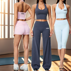 Conjunto de Yoga para Mujer, Top Corto Halter Sólido, Leggings de Cintura Alta, Transpirable, Sin Costuras, 4 Piezas, Ropa Deportiva, Spandex Antibacterial - Product Image 2