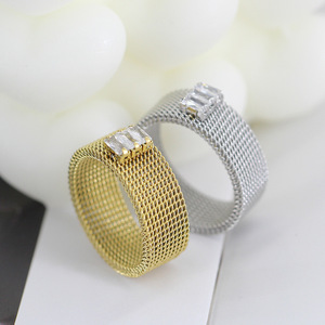 Stainless Steel Mesh <b>Ring</b> 8MM Diamond <b>Set</b> Wide Deformable Geometric Shape Party Jewelry for <b>Women</b> - Product Image 1