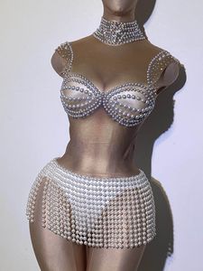 Body de discothèque à franges avec perles, couleur chair, Sexy, sans manches, pour femmes, Costume de scène - Product Image 4