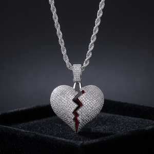 Collier pendentif cœur brisé en argent avec chaîne en corde, micro-pavé de zircon, bijoux hip-hop - Product Image 3
