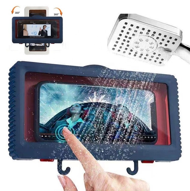 Waterproof Anti-Fog Shower Phone Holder 360° Rotating Wall Mount Touch Screen Case with Hooks for Bathroom
