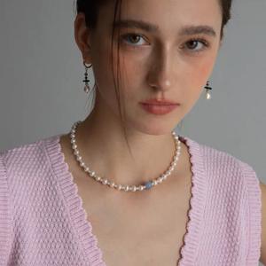 Collier de perles d'eau douce bleu clair mélangées, perles naturelles bleu mer, trésor populaire, colliers de mode pour femmes et bébés - Product Image 3