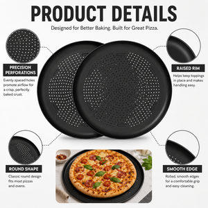 Emporio Paquete de 2 Sartenes Antiadherentes para Pizza de 16 Pulgadas, Bandeja de Acero al Carbono con Orificios Perforados, Libre de PFOA, PFOS, PTFE, Apta para Lavavajillas y Horno hasta 450°F - Product Image 1