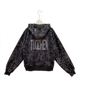 هودي رجالي من المصنع بسحاب، مغسول بالأحماض، 100% قطن، نمط صلب، طباعة بارزة، مقاس XL، طباعة رقمية مباشرة على القماش، نقشة الفهد، هودي بغسيل حمضي ثقيل - Product Image 3