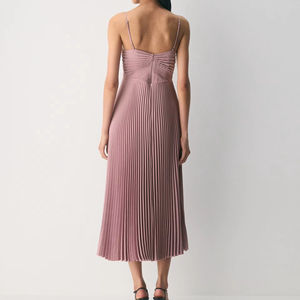 Robe longue plissée rose à bretelles fines, imprimé floral/léopard, taille haute, en PU, élégante pour soirée, sur mesure - Product Image 3