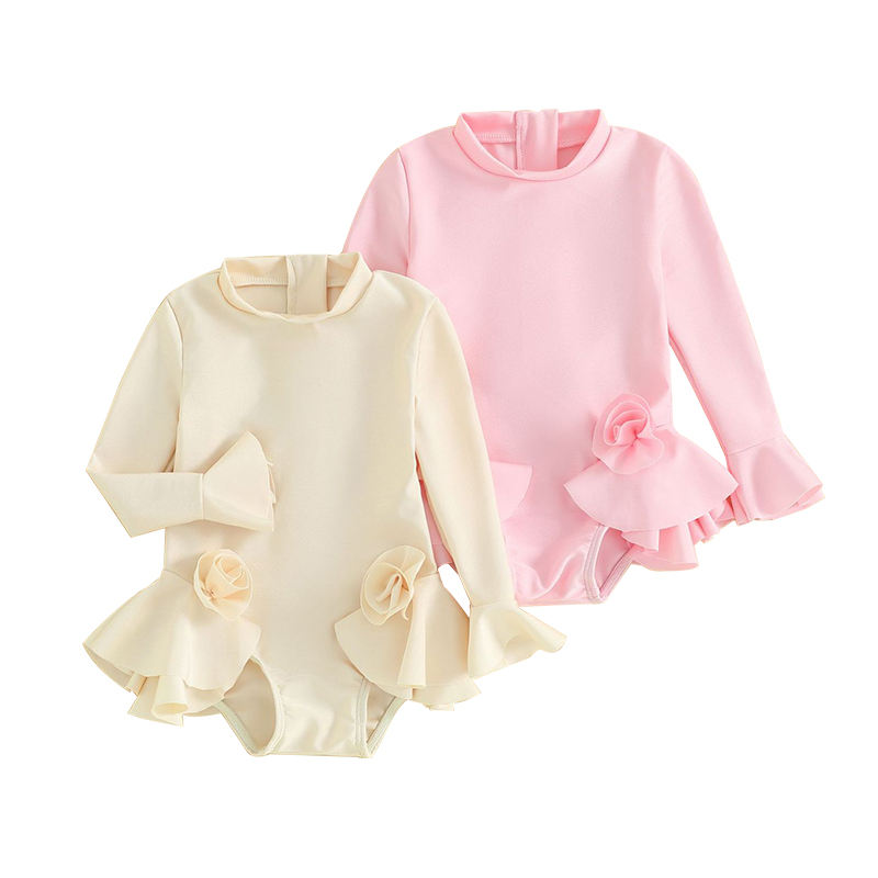 Cute Ribbed Flared Sleeves Baby Bikini Quick Dry Swimwear