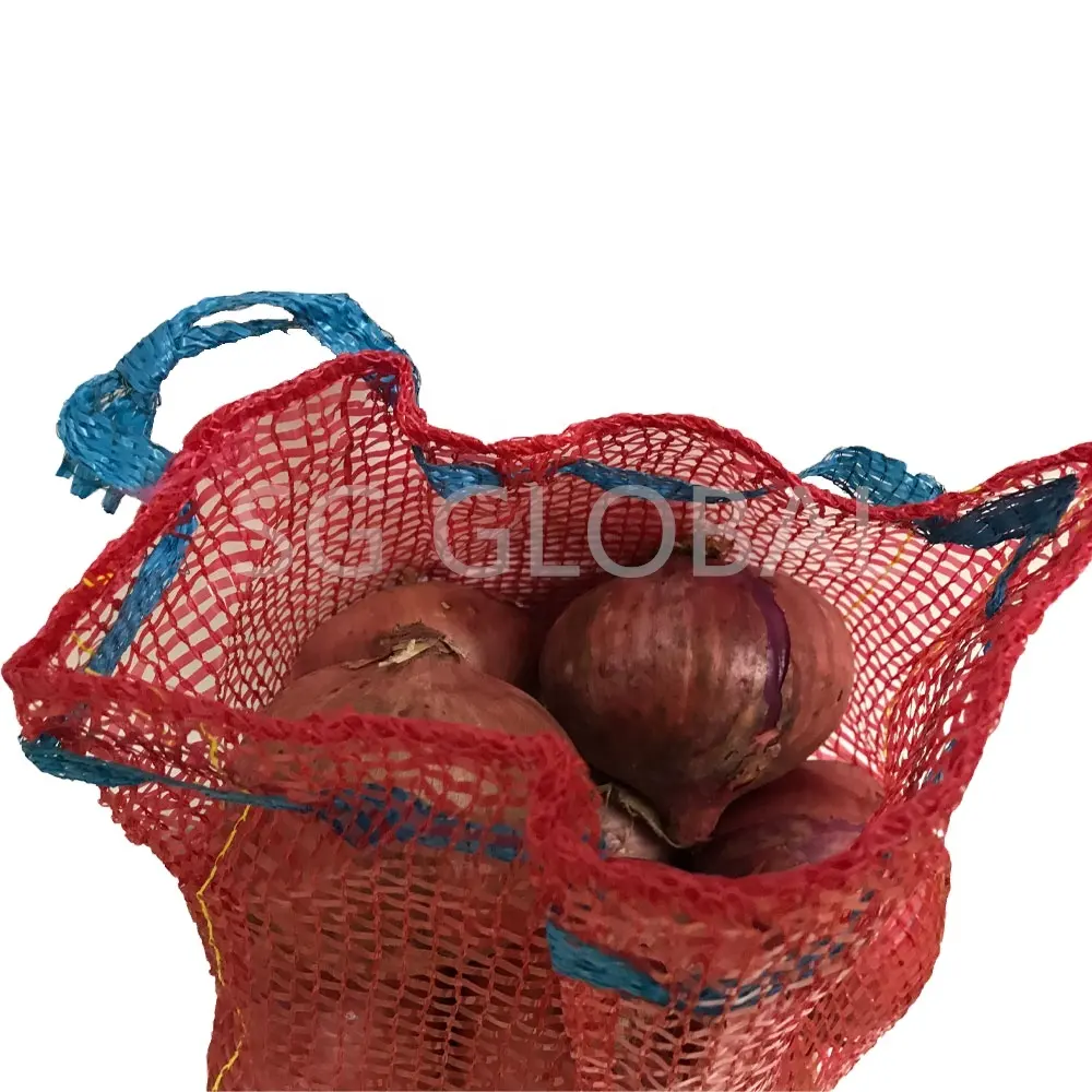 Чистый луковый мешок фруктовый сетчатый луковый мешок имбирный сетчатый мешок Китай оптовая продажа 25 кг 50 кг красный сетчатый луковый мешок с шнурком