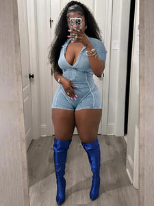 Buen Material de algodón lavado pantalones cortos monos mujeres cuello en V manga corta una pieza Skinny Romper Bodysuits - Product Image 5