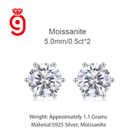 Boucles d'oreilles classiques à six griffes en moissanite taille ronde, en argent 925, délicates, solitaires, cadeau pour femmes