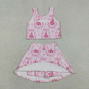 Conjunto deportivo con falda y top sin mangas con estampado de castillo rosa para niñas pequeñas, top sin mangas con lazo coqueto y falda, conjunto deportivo informal para viajes de niños - Product Image 3