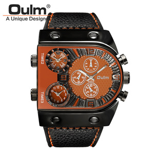 OULM-Reloj de pulsera de cuarzo para hombre, cronógrafo deportivo con correa de cuero, 3 zonas horarias, color negro, 9315 - Product Image 5