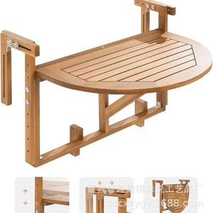Wooden Folding Balcony <b>Table</b> Semicircular Outdoor Hanging Storage Rack <b>Adjustable</b> Height Space Saving - Product Image 5