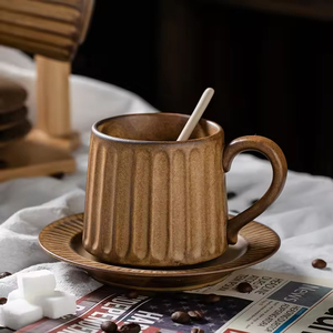 Vintage Retro Reactive Glazed Ceramic <strong>Cup</strong> and Saucer Set Custom Coffee Tea Mug Elegant Ribbed Drinkware for Home Gift Wholesale - Product Image 3