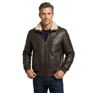 Blouson aviateur homme en cuir véritable marron avec doublure en fausse fourrure, col montant, respirant, fermeture éclair, chaud pour l'hiver, motif moto sur le devant - Product Image 4