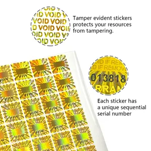 Étiquettes adhésives holographiques de sécurité inviolables en plastique doré 20x20mm avec numéro de série, garantie annulée, autocollants carrés - Product Image 3