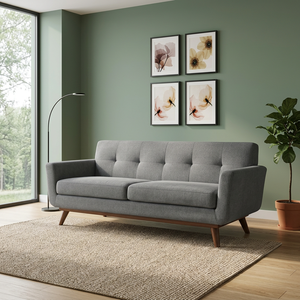 Modern Minimalist Grey Fabric Upholstered 3 Seater <b>Sofa</b> with Tufted Backrest and Solid <b>Wood</b> Legs - Product Image 3