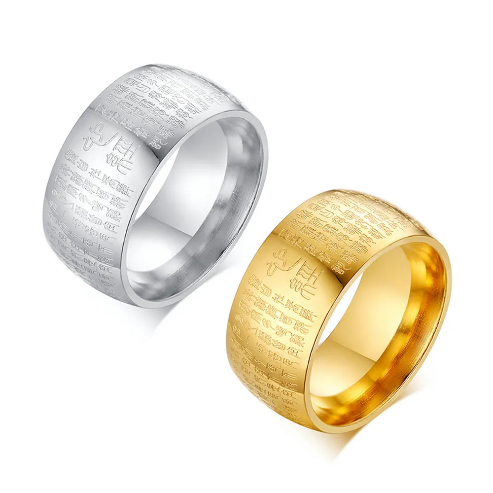 Wholesale Stainless Steel Ring 10mm Width Gold and Steel Buddha Rings with Letters for Man