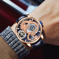 Montre automatique HANBORO 3D squelette de dragon en or rose pour homme, cadran ciel étoilé de luxe, bracelet en cuir premium, étanche, sculptée