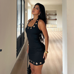 Nuevo Vestido Mini Bodycon Sexy Halter con Ojales Metálicos, Sin Mangas, Elástico, Ajustado, Estilo Y2K, Color Liso, Ecológico, Cintura Natural, para Verano - Product Image 3