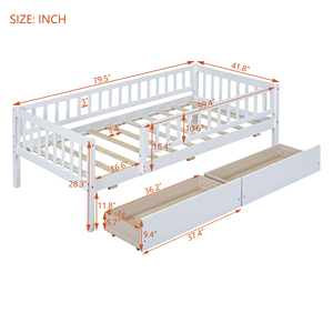 Cama de Día Doble de Madera con Dos Cajones, Cama Infantil Blanca con Almacenamiento - Product Image 3
