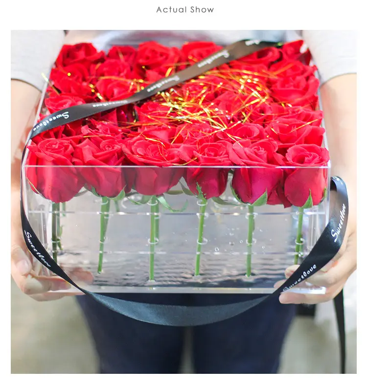 Caja de rosas de acrílico transparente, caja de flores de lujo, grande, promoción, 36 agujeros