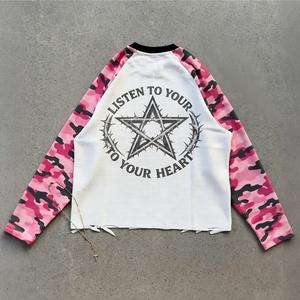 Heavyweight 100%Cotton Waffle Knit 300GSM Distressed Raglan Vintage Graphic <b>Y2K</b> Style Long Sleeve <b>Shirt</b> for Men - Product Image 3