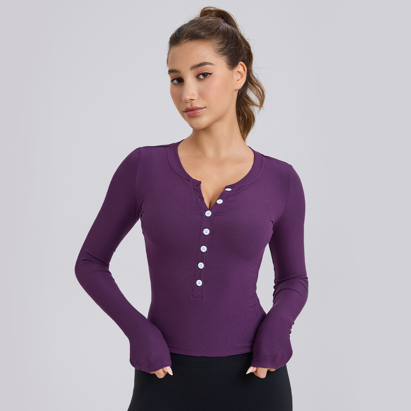 Modal Ribbed Button Open Long Sleeves Sports Gym Fitness Shirts Four-Way Stretch Workout Dance Yoga Shirts for Women