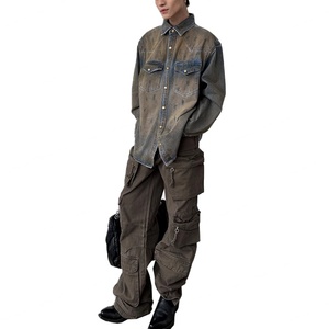 Wholesale Custom logo Wasteland Style Distressed Mud-dyed Washed Heavyweight Loose <b>Men's</b> <b>Denim</b> Jacket - Product Image 3