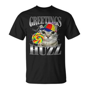 T-shirt da donna promozionale con stampa digitale a maniche corte e girocollo, motivo Greetings Huzz Silly Cat Meme - Product Image 1