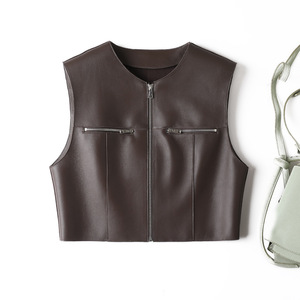 4901 Vente en gros Printemps Automne Femme Couleur unie Fermeture éclair <span class=keywords><strong>Gilet</strong></span> en <span class=keywords><strong>cuir</strong></span> <span class=keywords><strong>sans</strong></span> manches pour femmes - Product Image 2