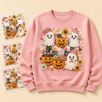 Transfert DTF et thermocollant Halloween à motif fantôme citrouille à carreaux et tournesol, prêt à presser pour sweat-shirt et T-shirt