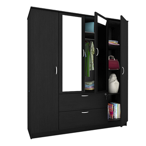 New Modern Laminate <strong>Mirror</strong> Design 4 Door <strong>Black</strong> Eco-friendly Soft Closing Bedroom <strong>Wardrobe</strong> for Hotel Apartment School Furniture - Product Image 3
