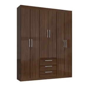 Modern Style Wardrobe BASIC 6 Doors 3 Drawers Wooden Home Bedroom Furniture Particle Board Cacao Gloss Color