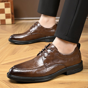 Men Leather Oxfords Round Toe Lace Up <b>Soft</b> Sole Wedding Dress <b>Shoes</b> Autumn Solid Color Business Formal Wear - Product Image 2